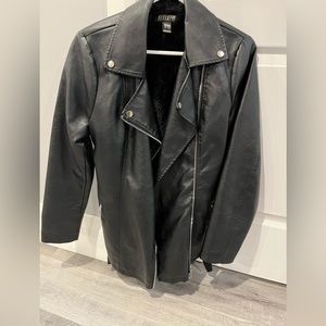 black mid length leather jacket